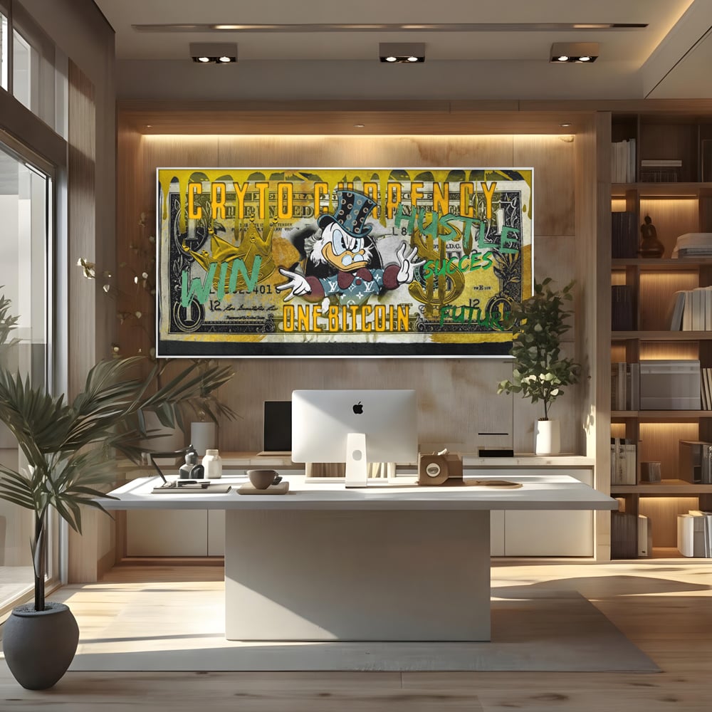 Tablou canvas cu tablou canvas cu donald duck si bitcoin, in rama de aluminiu argintiu, pe perete intr-un birou